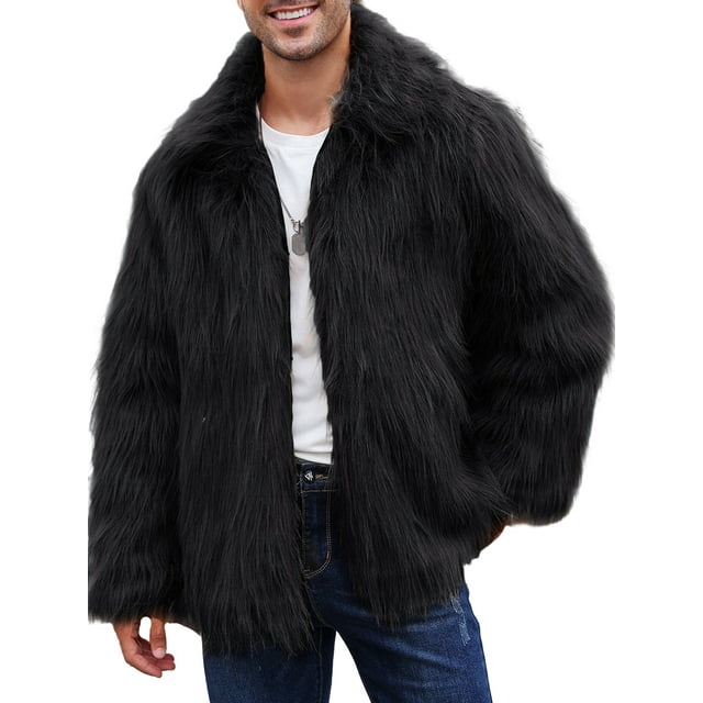 SUNSIOM Men's Fuffy Faux Fur Winter Coat Long Sleeve Lapel Collar Button Closure Jacket Overcoat Outwear