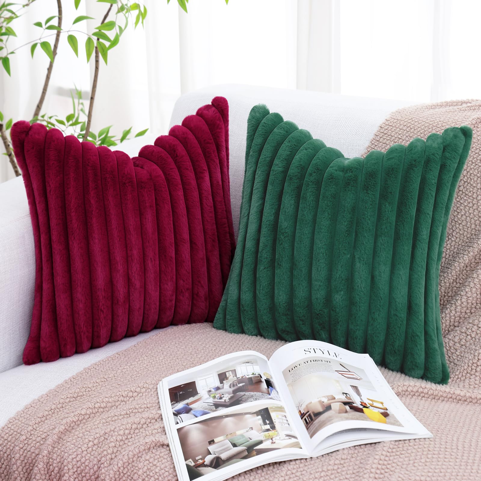 decorUhome Faux Fur Striped Throw Pillow Covers, 18x18, Green photo 6
