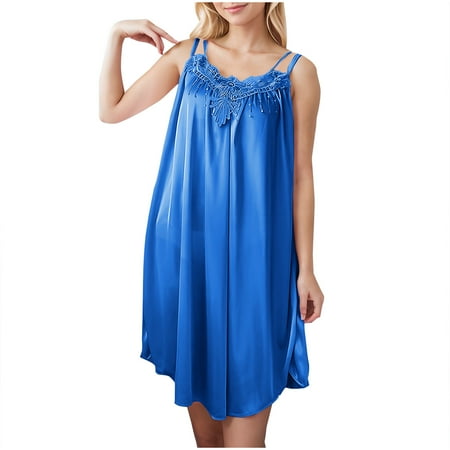 DxhmoneyHX Silky Nightgowns for Women Embroidery Lace Neckline Loose Spaghetti Straps Chemise Sleepwear Soft Lingerie Dress
