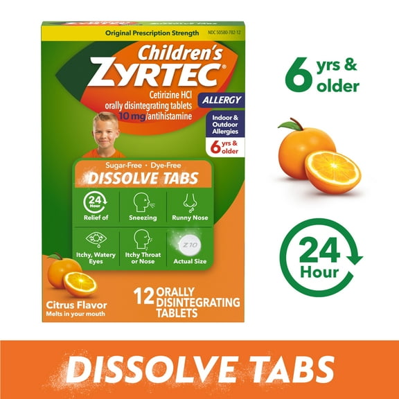 Children's Zyrtec 24 Hr Allergy Relief Dissolve Tablets, Citrus, 12 Count