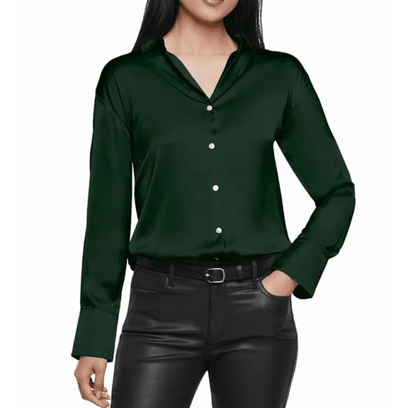 Express Women's Satin Button Down Shirt Green Small