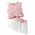 thumbnail image 2 of Tbopshirt 2Pcs Baby Girls Outfit 0-24 Months Toddler Baby Girls Sleeveless Ruffled Plaid Top Bow Embroidered Half Skirt Set Skirt, 2 of 5