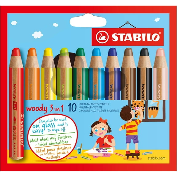 STABILO 880/10 Woody 3-in-1 Multi-Talented Pencil - Assorted Colours, Wallet of 10