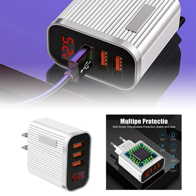 3 Port USB Charger, Affichage Numérique Intelligent, Universel pour iPhone, Samsung & Android, Adaptateur de Charge Rapide avec Protection contre les Surcharges