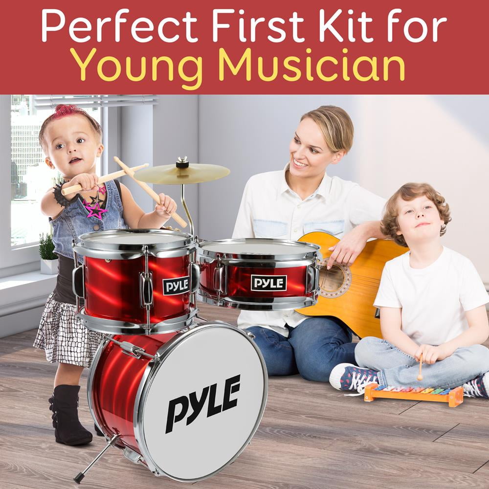 Pyle Drum Set for Kids - 3 Piece Beginner Drum Kit, Silencing Pads 13" Complete Junior Drummer Kit with Wooden Shells, Bass.