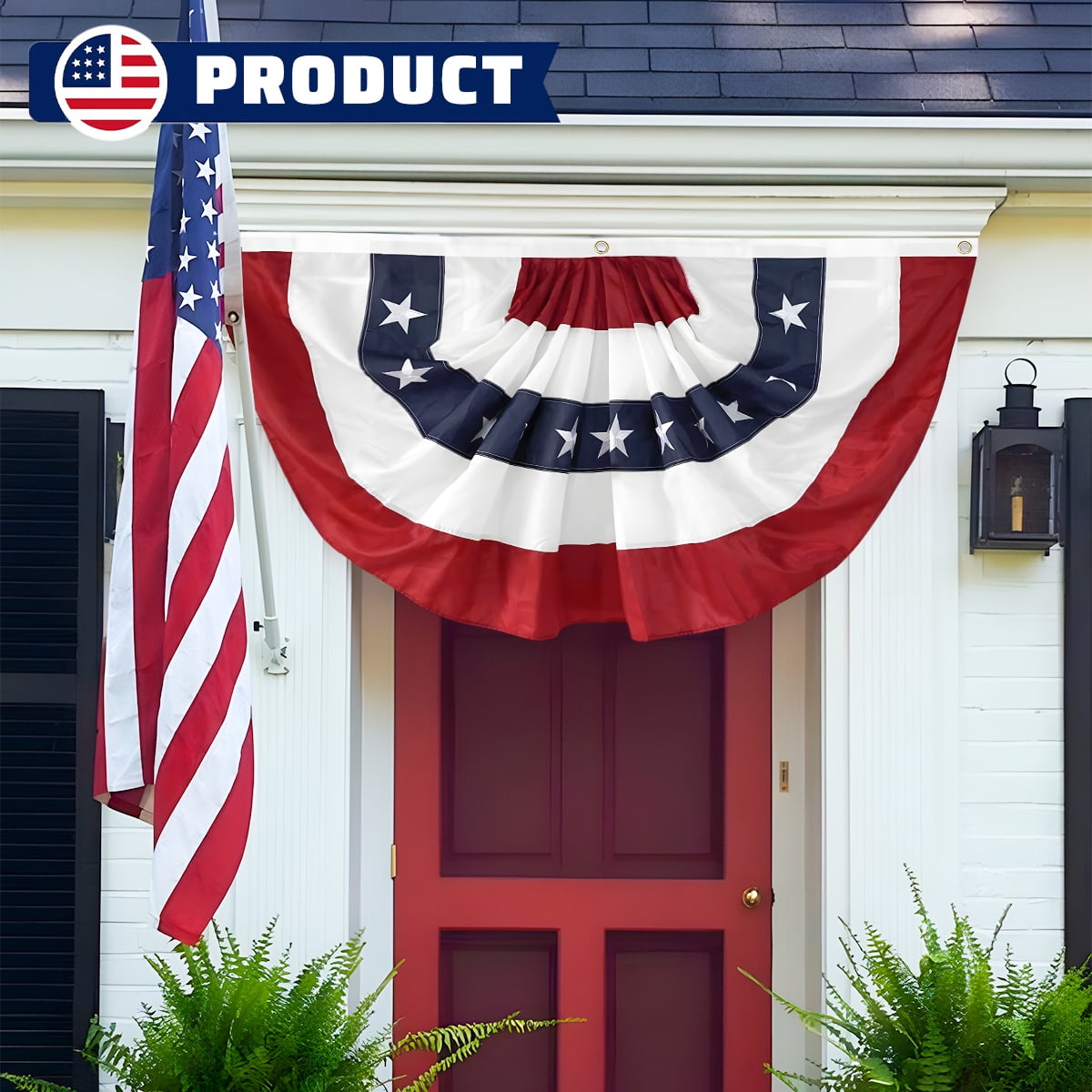 Tivamiko 1pcs 2x4ft Patriotic Pleated Fan Flags with Embroidered Stars- American Bunting for 4th of July Porch & Garden Décor