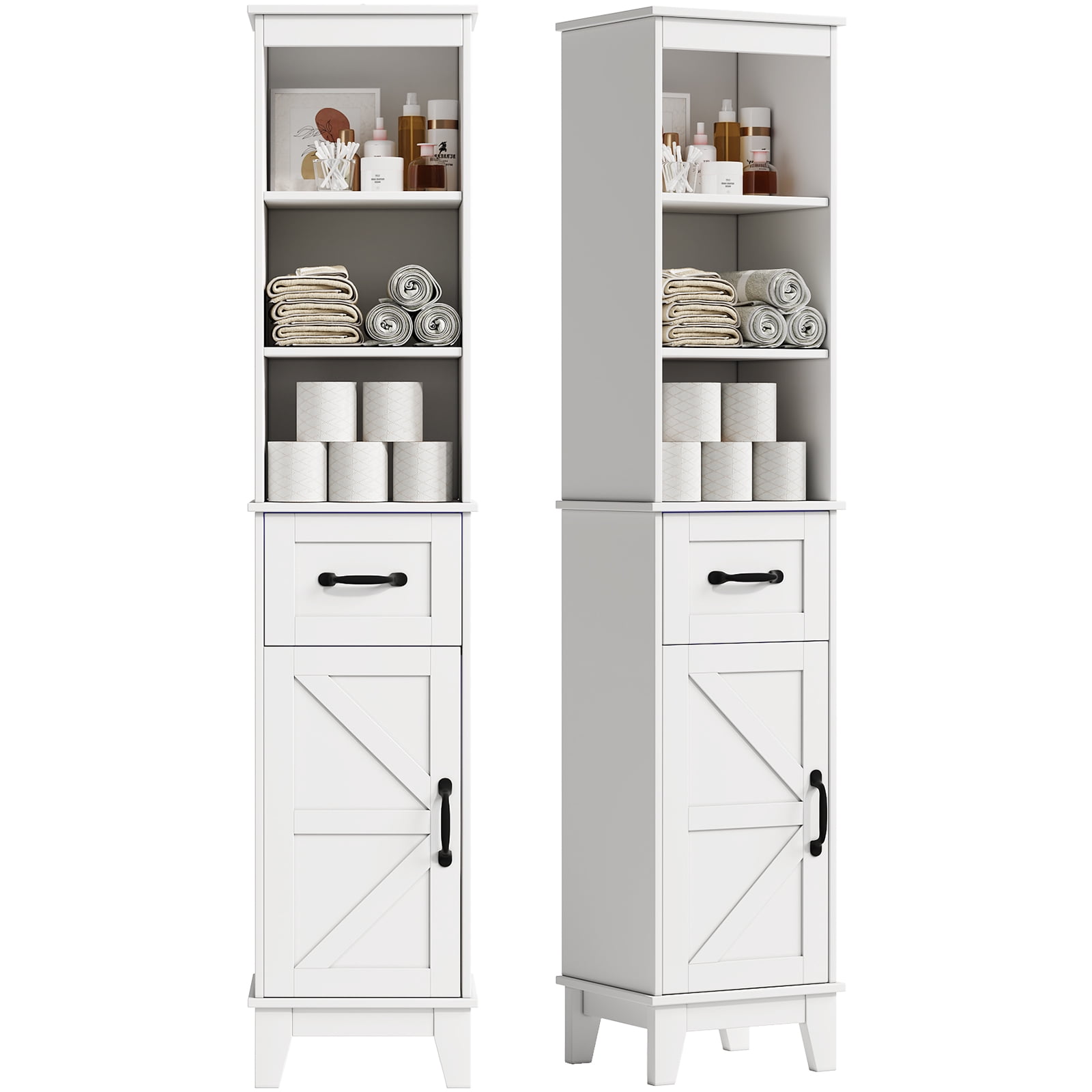 Tall Bathroom Storage Cabinet with Barn Door and Drawer, Narrow Freestanding Linen Cabinet for Bathroom, White