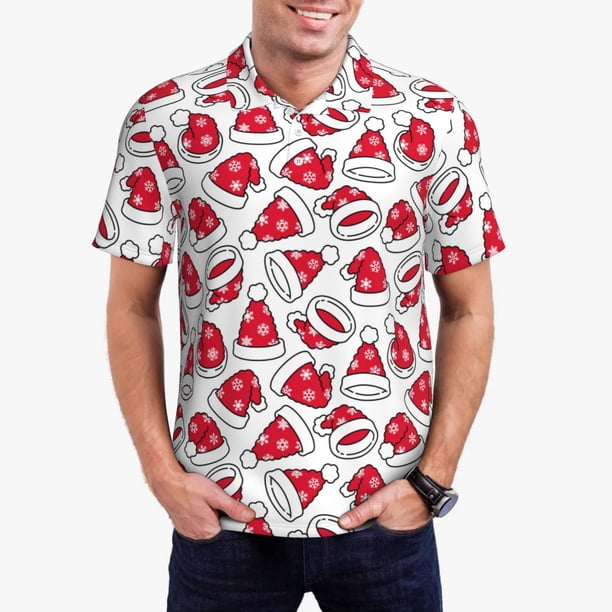 Balery Christmas Hat Camisa Polo de Hombre con Estampado, de Manga Corta y Tejido Medio, Camisa Tipo Golf Polo-Medium