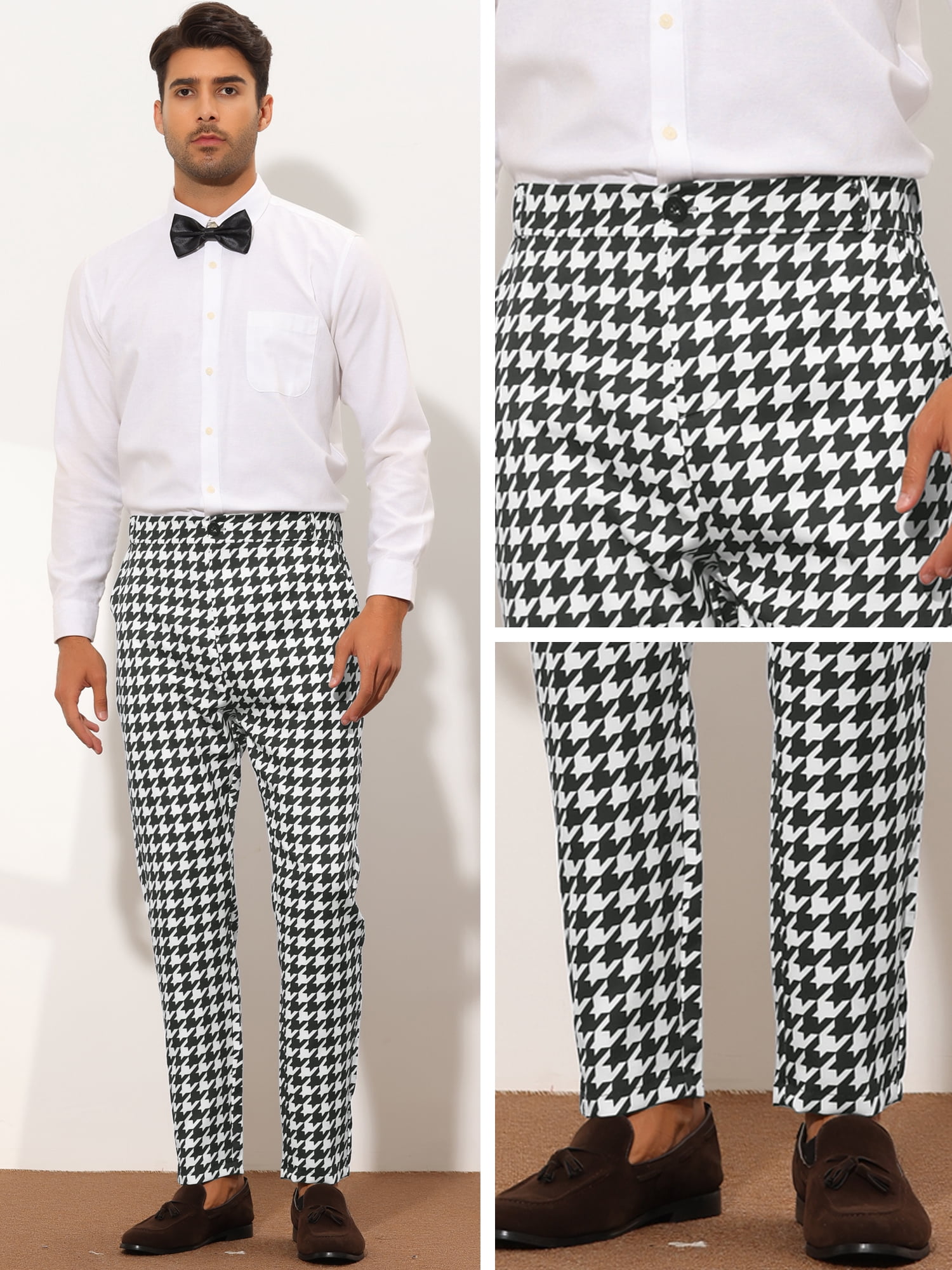 Unique Bargains Men's Houndstooth Dress Pants Big and Tall Business Plaid Trousers 36 Black White
