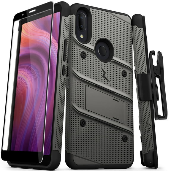 ZIZO BOLT Series Alcatel 3V 2019 Case - Military Grade Drop Tested with Glass Screen Protector Holster Kickstand - Gun Metal Gray & Black