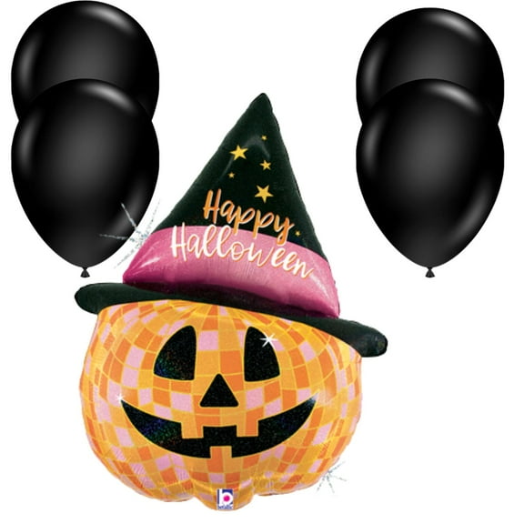 LoonBalloon 33" Halloween Disco Jack-o-Lantern Holographic Balloon with 4 Latex Balloons – Party Decoration Set