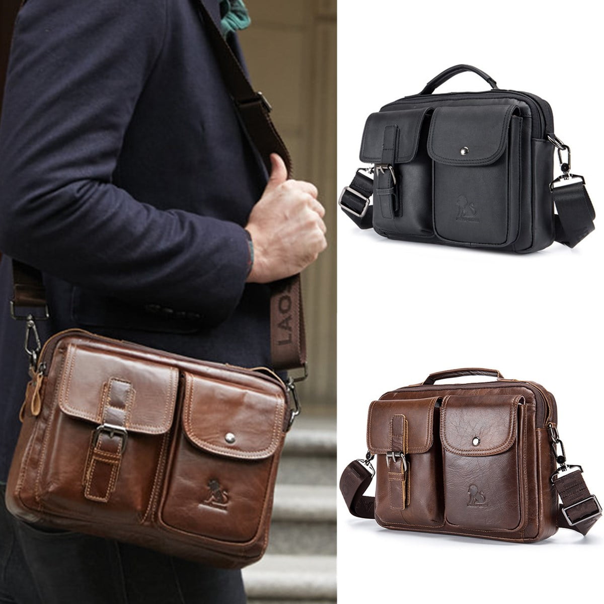 KUDOSALE - Men Vintage Genuine Leather Business Handbag Briefcase Crossbody Shoulder Bag ...