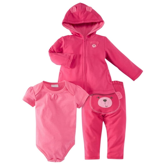 Infant Girls 3 Piece Teddy Bear Outfit Pink Hoodie Sweatpants & Bodysuit