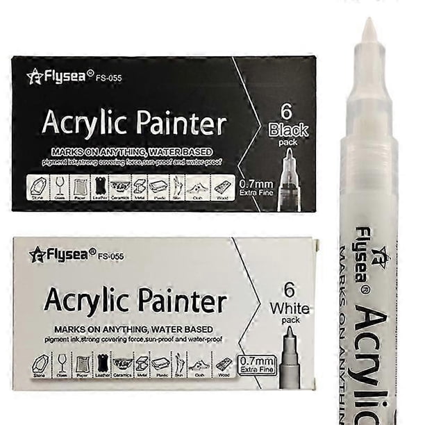 FLYSEA FS-055 6Pcs/Set Acrylic Paint Pens Black/White Paint Markers for Glass,Paper,Stone