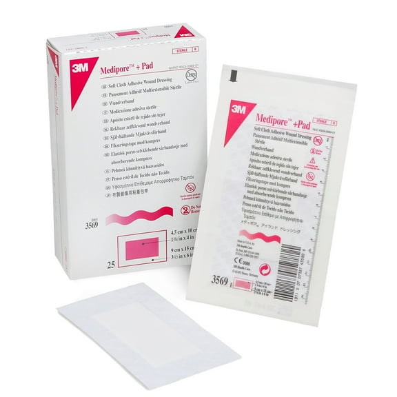 3M Medipore Pad Soft Cloth Adhesive Wound Dressing, Sterile, White, 3 1/2 in x 6 in, 25 Count, 1 Pack