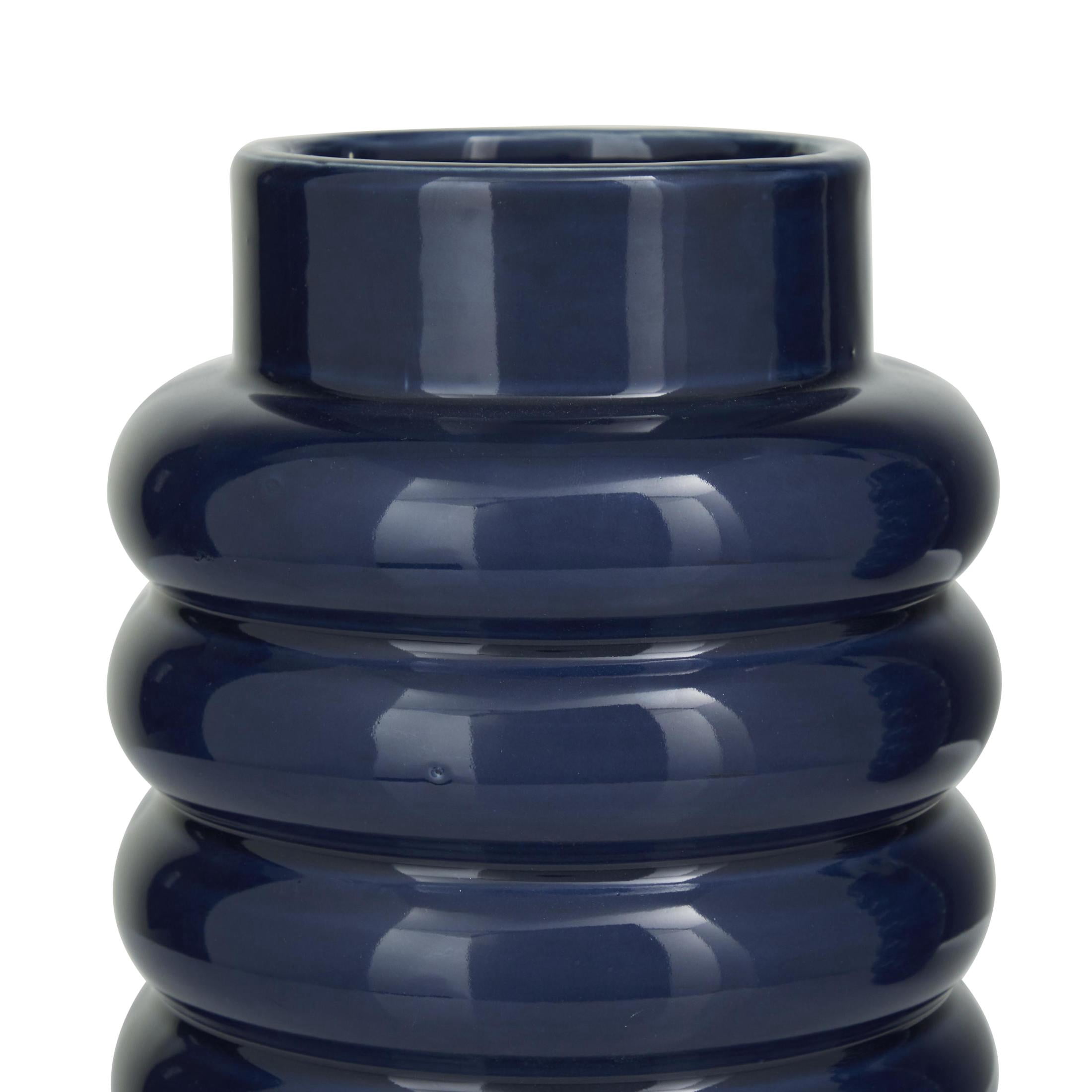 CosmoLiving by Cosmopolitan 16", 12"H Dark Blue Ceramic Vase with Stacked Ring Design, Set of 2