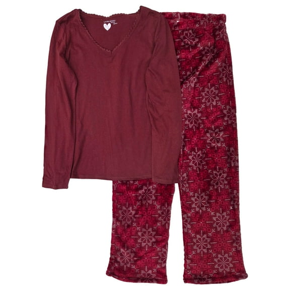 Womens Burgundy & Red Snow Flake Fleece Print Fleece Pajamas Sleep Set Large