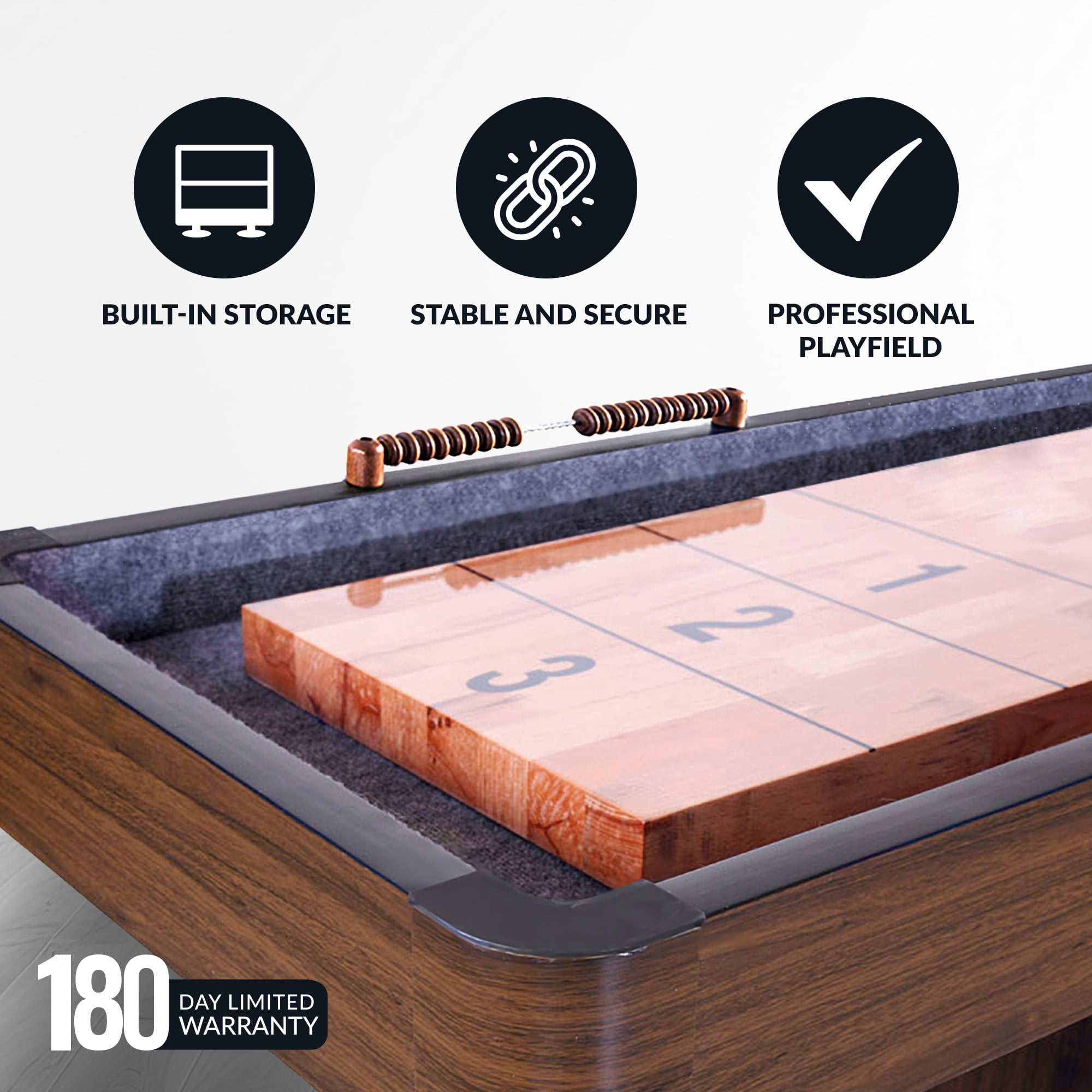 Hathaway Challenger Shuffleboard Table w Walnut Finish, Hardwood Playfield, Storage Cabinets
