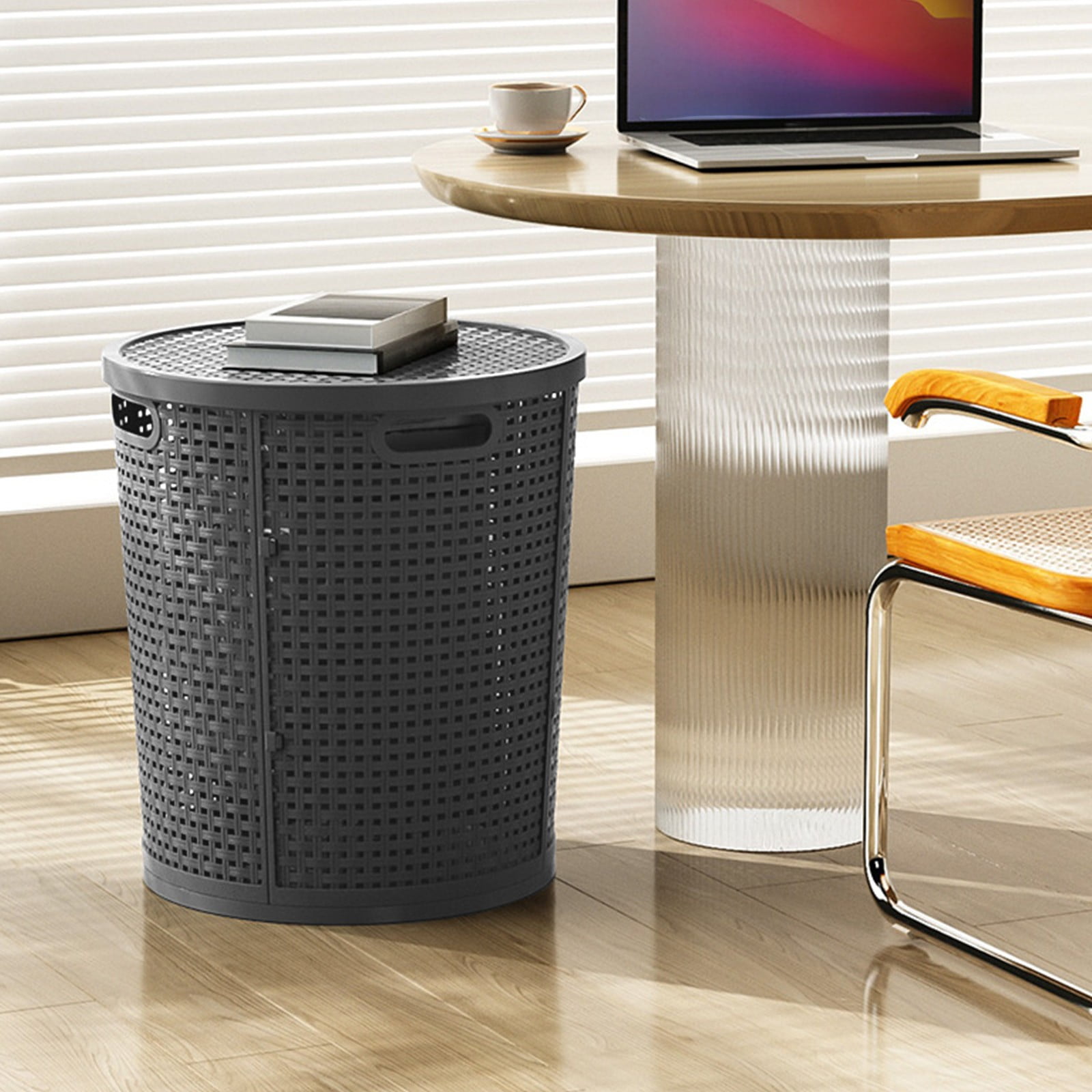 Laundry Basket, Gaqring Large Capacity Laundry Hamper, Imitation Rattan Plastic Storage Basket with Lid for Clothes Toys, Gray