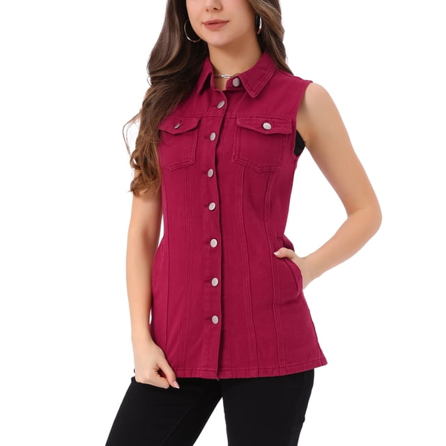 INSPIRE CHIC Chaleco de Mezclilla para Mujer Sin Mangas con Botones, Longitud Media, Chaleco Casual de Jean S Rojo Oscuro