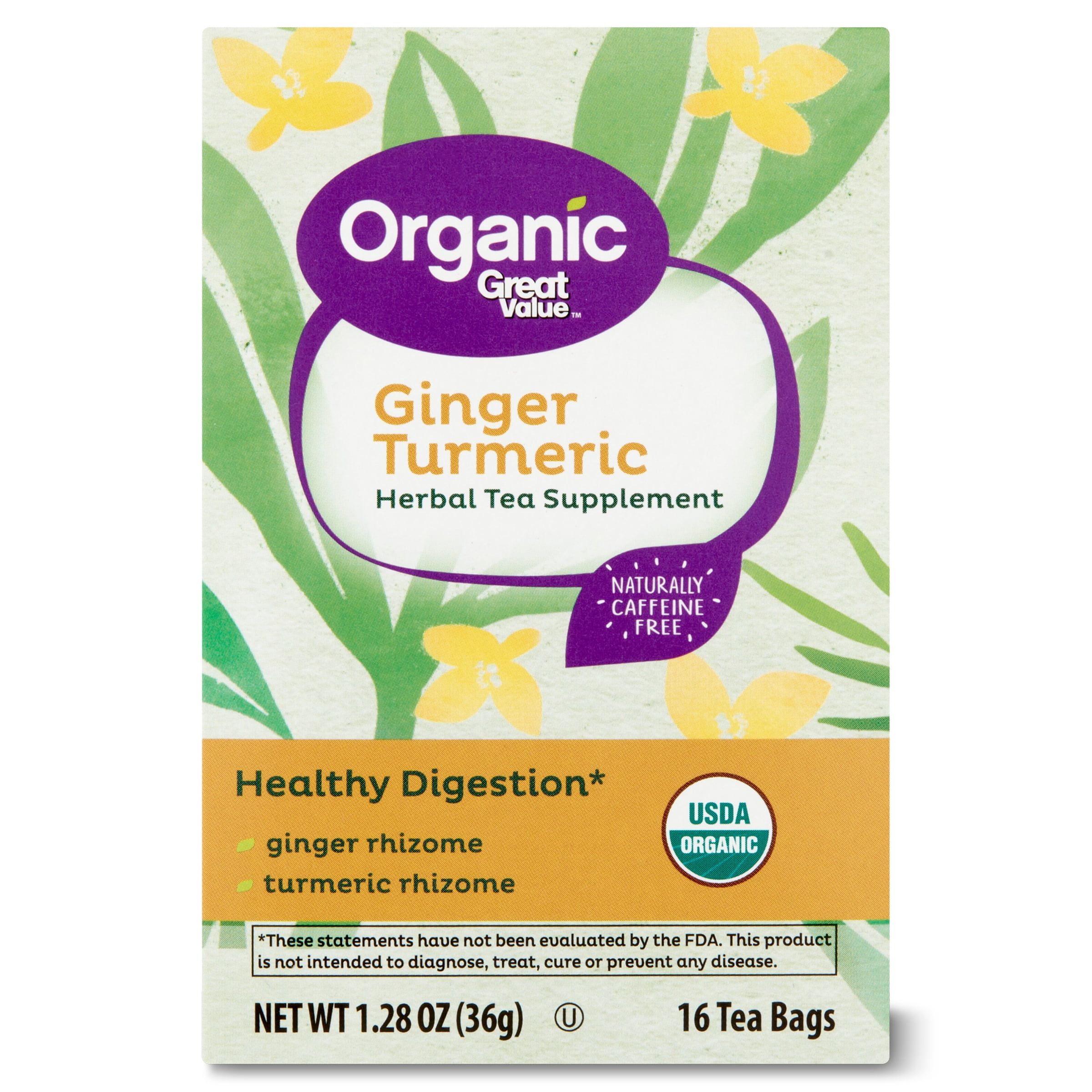 Great Value Organic Herbal Tea Supplement, Ginger Turmeric, 1.28 oz, 16 Ct