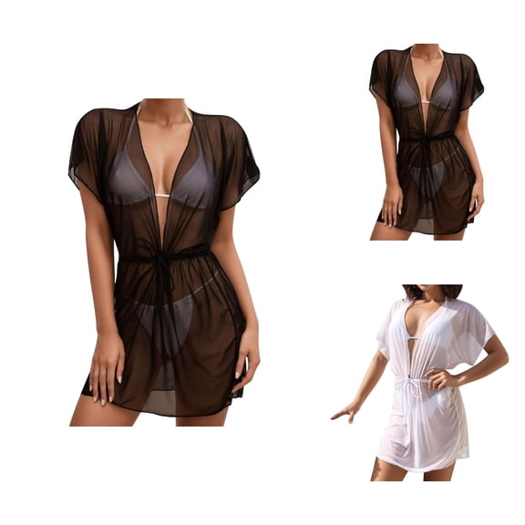 Swimsuit Coverup for Women Sheer Mesh Short Sleeve Deep V Neck Tie Waist Mini Dress Beach Cover Up Bathing Suit Dress
