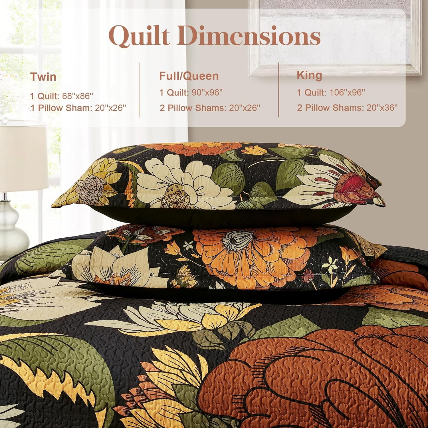 Tyrot 3 Piece Black Boho Floral Full/Queen Quilt Sets Farmhouse Reversible Comforters Bedding King Quilt Sets  90"x96"