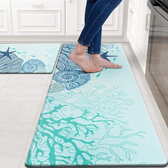 Kitchen Mats for Floor, 2 PCS Anti Fatigue Mats for Kitchen Floor, Waterproof Non Slip Teal Kitchen Rugs Cushioned Foam Standing Mat for Laundry, Sink, Oven, Desk, Office