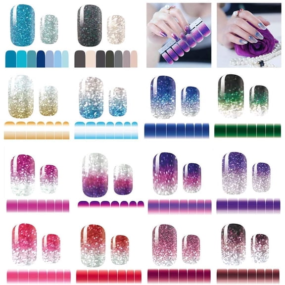 Glitter Gradient Color Shine Full Wraps Polish Stickers Decal Strips Self-Adhesive Nail Art Sets for Women Girls, 14 Sheets