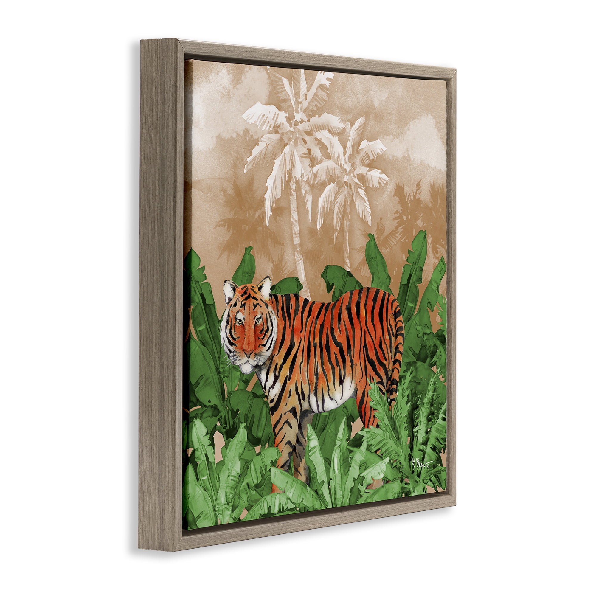 Stupell Industries Jungle Life Tiger Animals & Insects Painting Brown Floater Framed Canvas Art Print Wall Art, 18 x 18