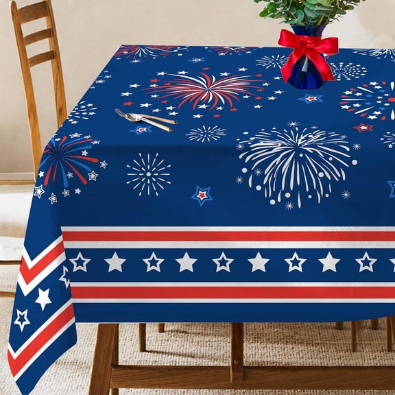 4th of July Tablecloth, Patriotic Tablecloth Rectangle 60x84 inch, Red and Blue Stars Indoor or Outdoor American Flag Independence Day Kitchen Table Decorations for Dinner