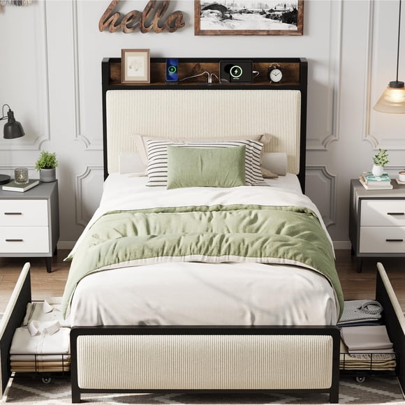 BeesClover Twin Size Bed Frame with 2 Storage Drawers and Charging Station, Rustic Linen Upholstered Platform Bedframe