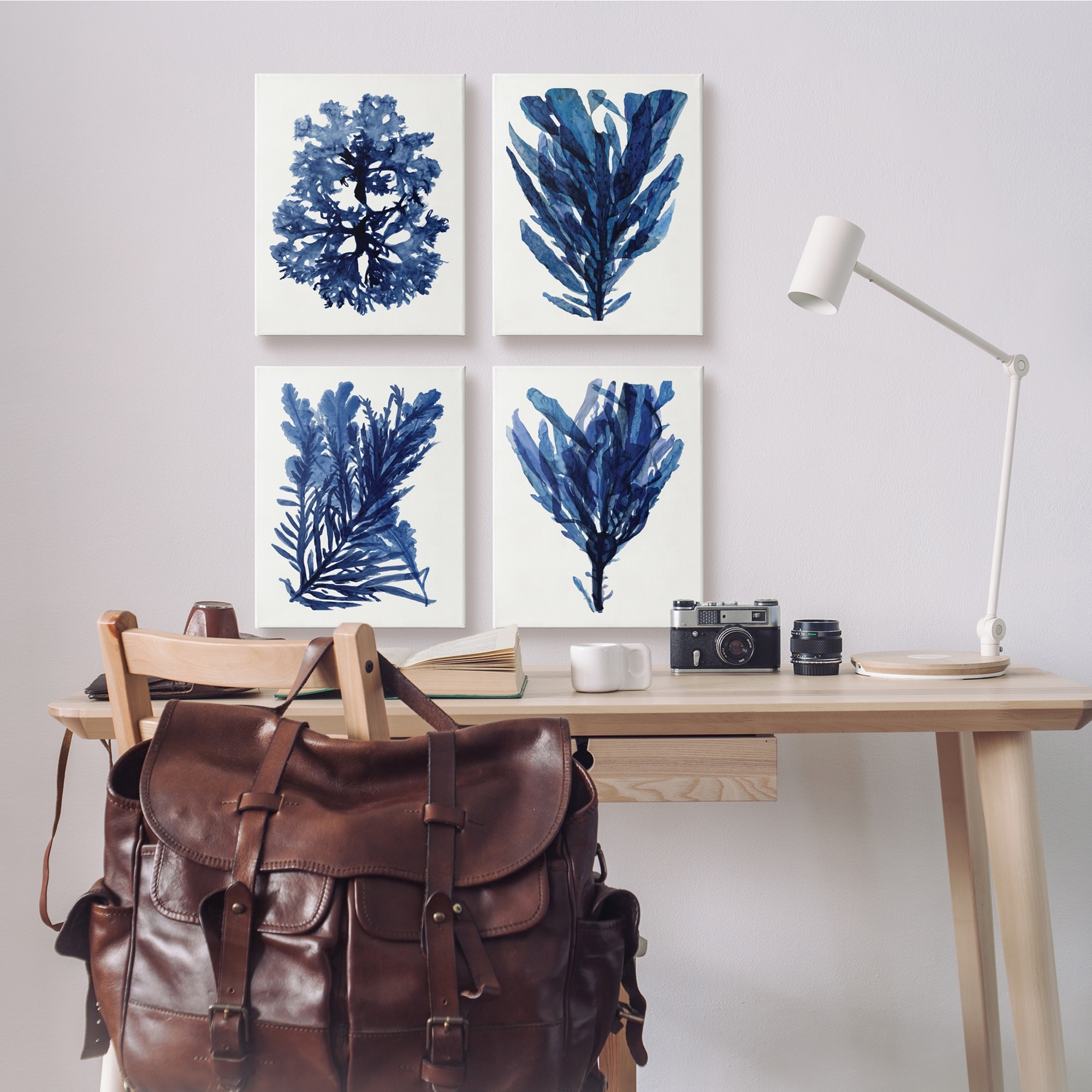 Stupell Industries Indigo Blue Ocean Plants Coastal Sea Kelp Nature Painting Gallery Wrapped Canvas Art Print Wall Art, 16 x 20, Set of 4