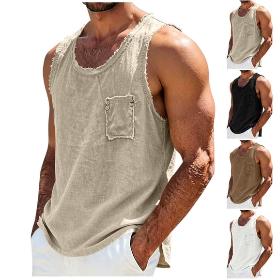 Men's Sleeveless Tank Top Cotton Casual Tee, Muscle Fit Vest With Button Pockets, Crewneck Pullover, Breathable Summer Beach Workout | TOPLIU,Beige L
