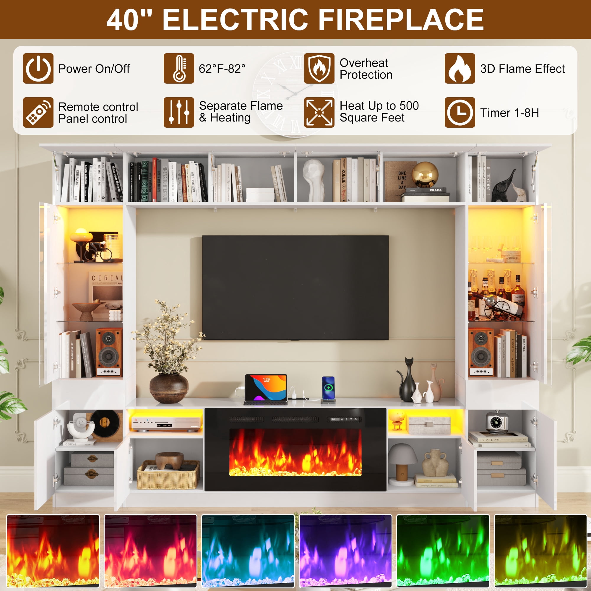ANPOO 107" Large Wall Unit Entertainment Center with 40" Electric Fireplace, Bookshelves, LED Lights, Modern High Glossy TV Stand Media Console Table with Bridge Cabinet for Living Room & Home Theate