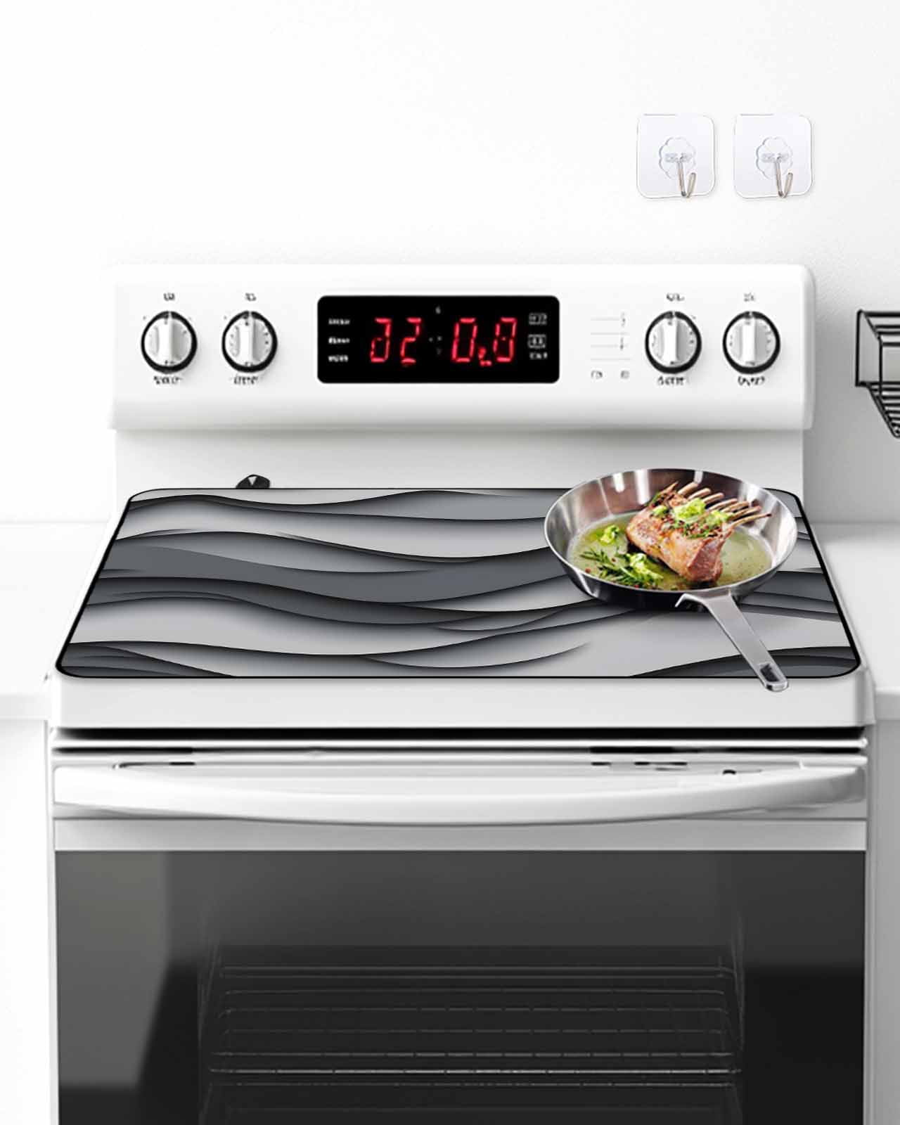 Stove Top Covers for Electric Stove 36x21 Inches, Black Grey Ombre Heat Insulation Fireproof Glass Cooktop Protector, Modern Moire Aesthetics Geometric Abstract Countertop Stovetop Cover for Kitchen