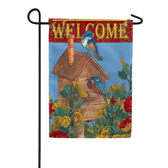 America Forever Hello Spring Summer Welcome Bluebird Birdhouse Garden Flag 12.5 x 18 inch Double Sided Red Yellow Floral Birds Outdoor Yard Seasonal Decorative Flag