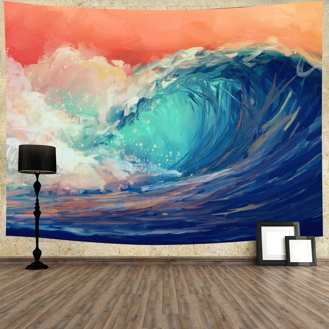 Tapiz estético para pared de habitación con diseño de surf, océano y olas, 280 x 150 cm