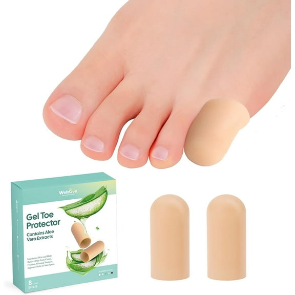 Welnove Gel Toe Cap and Protector - Silicone Toe Covers - Toe Cushions for Pain Relief, Missing or Ingrown Toenails, Corns, Calluses, Blisters (8 Small, Beige)