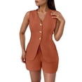 thumbnail image 2 of Short Sets for Women Sleeveless Tie Back V Neck Button Cardigan Vest and Shorts 2 Piece Matching Set Work Sets, 2 of 6
