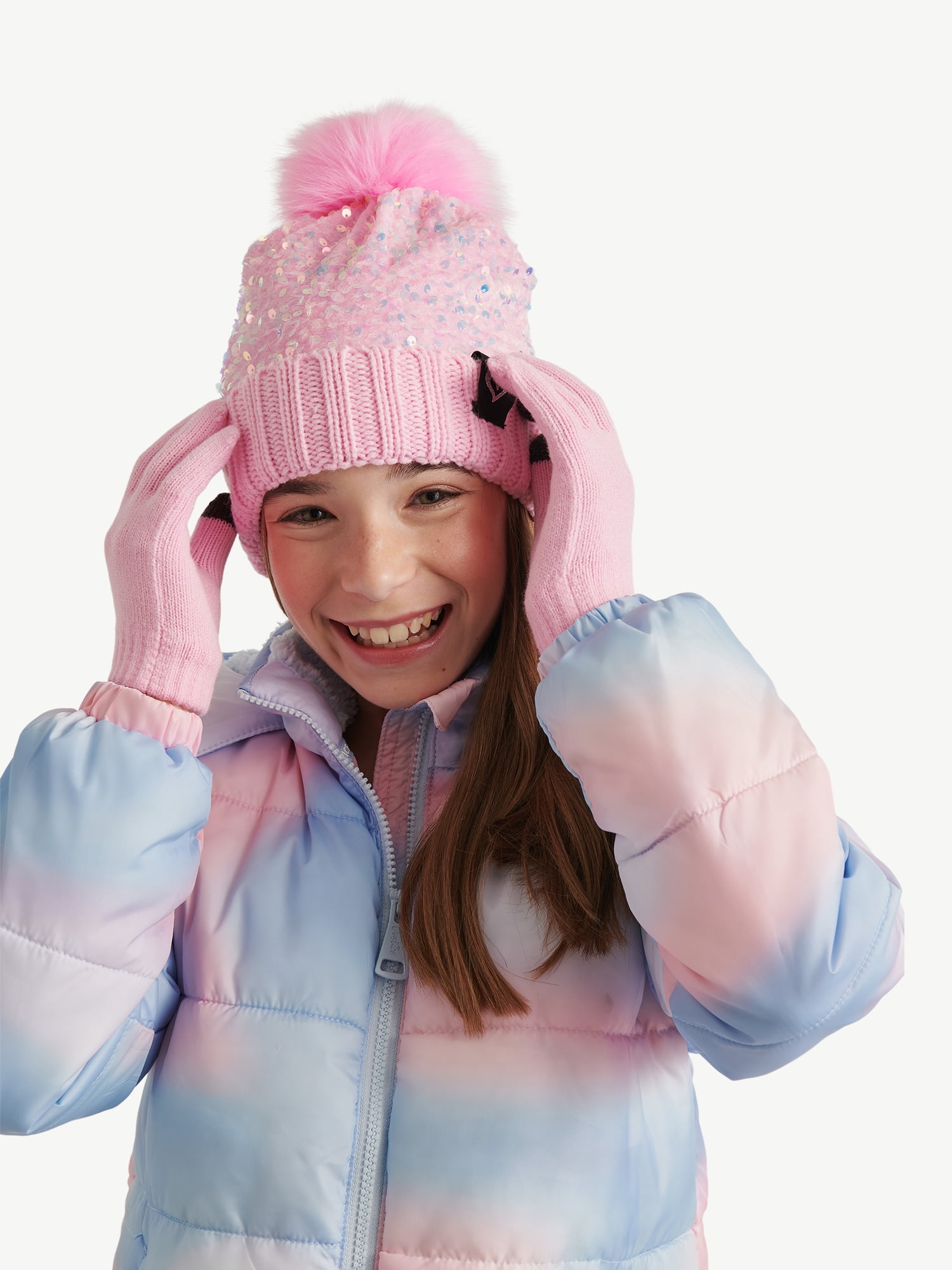 Justice Girls Velvet Sequin Hat and Glove Set, Pink