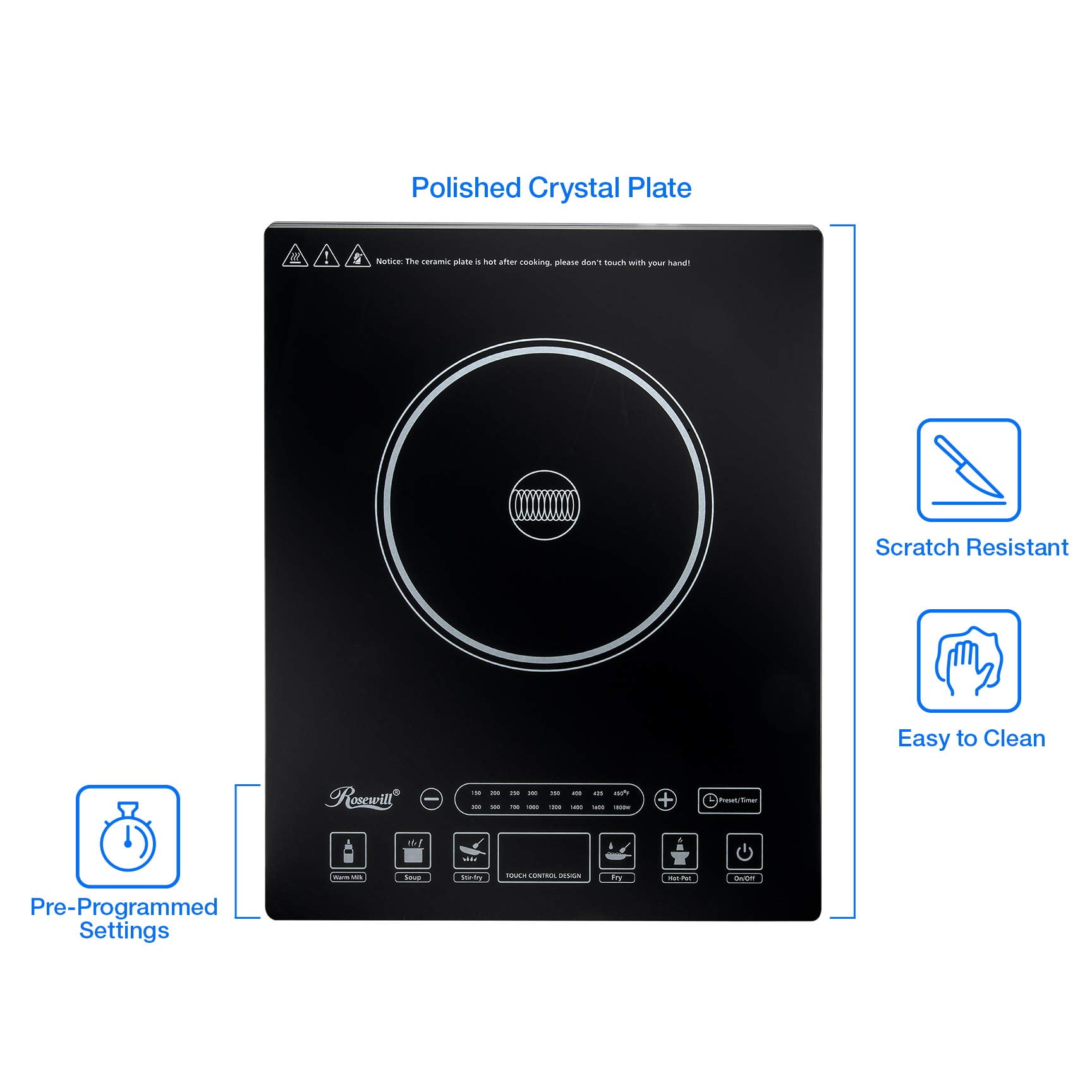 Rosewill 1800W Portal Induction Cooktop Burner | Large Digital Screen Display | 1800 Watt | 5 Pre-Programmed Cooktop Settings | Stainless Steel Pot Included | 10" 3.5 QT - RHAI-15001