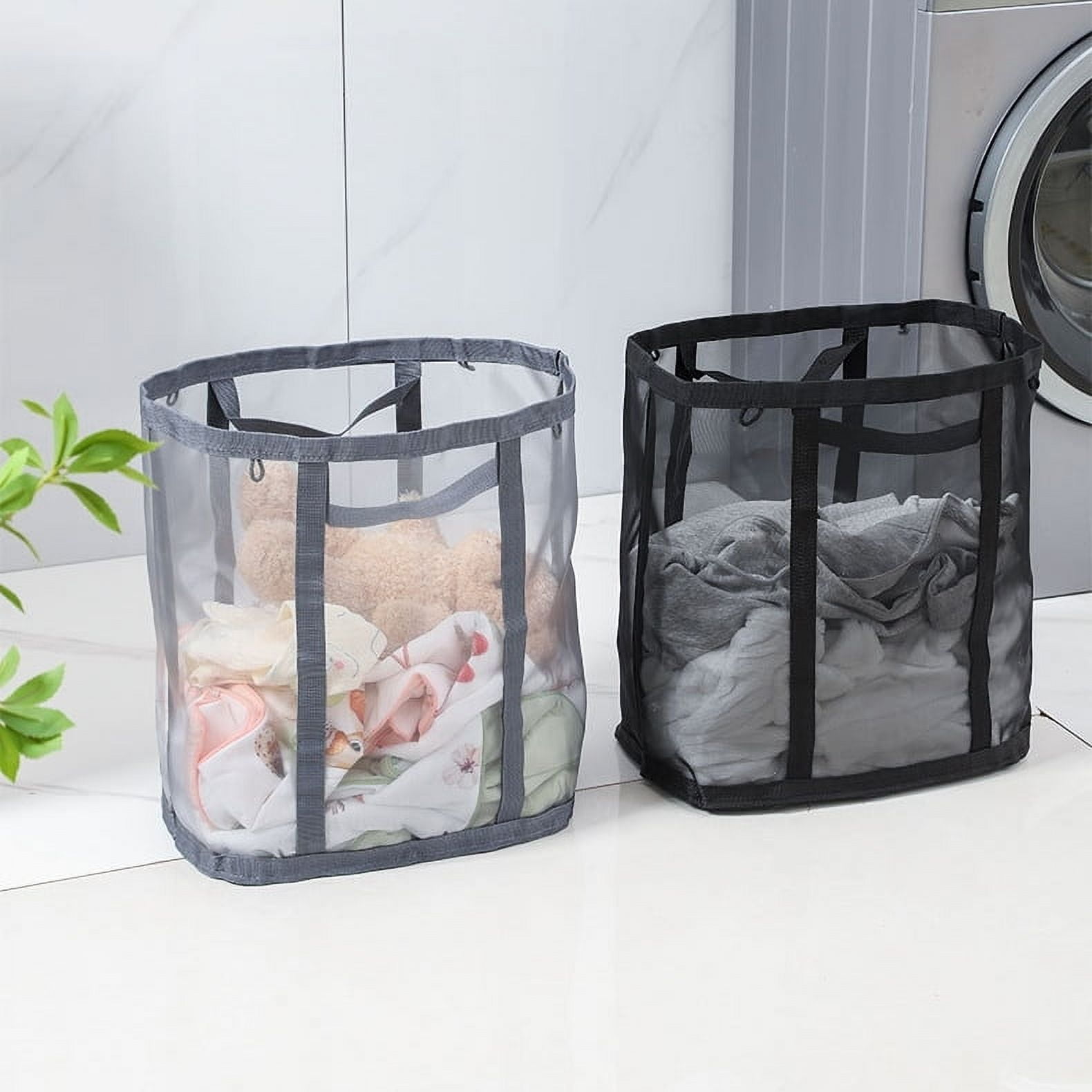 Mesh Bag with Handles, Collapsible Laundry Basket, Foldable Laundry Bag, Breathable Folding Beach Bag,Space-saving Travel Tote Bags,Black