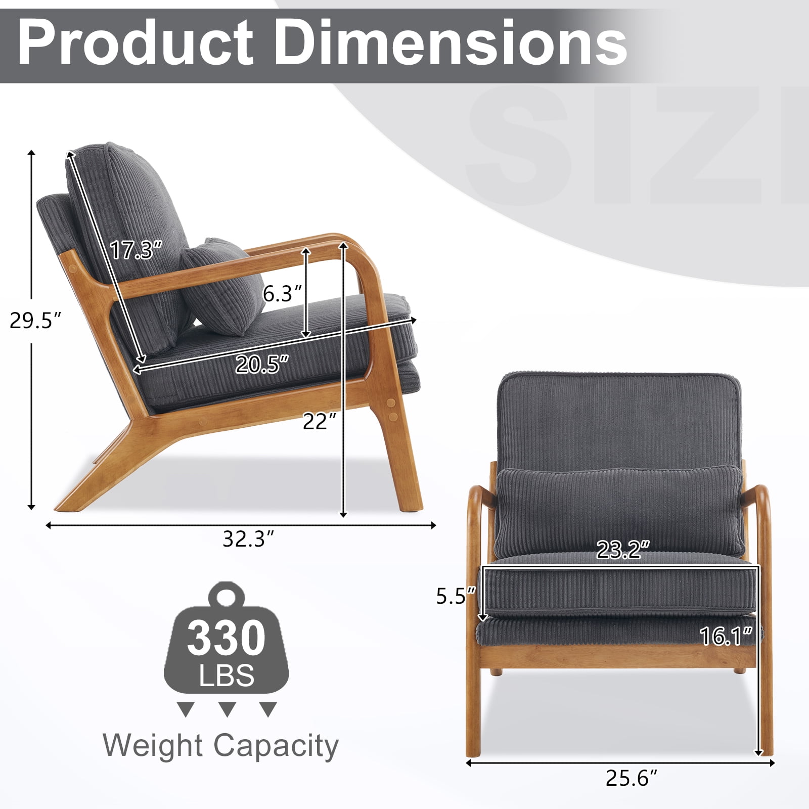 Ktaxon Accent Chair Corduroy Upholstered Armchair, Reading Club Chair with Pillow and Solid Wood Frame for Living Room Bedroom Furniture Dark Gray