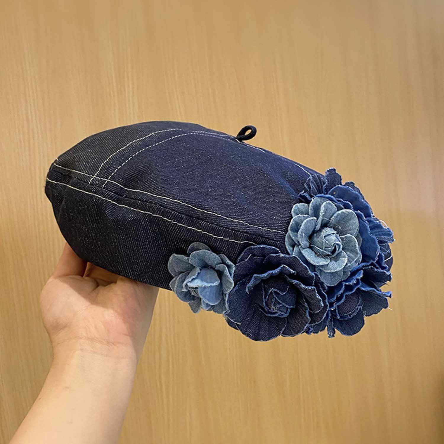 Denim Flower Beret Hat Painter Hat for Women French Hat Artist Hat Casual Sun Hat with Adjustable Strap