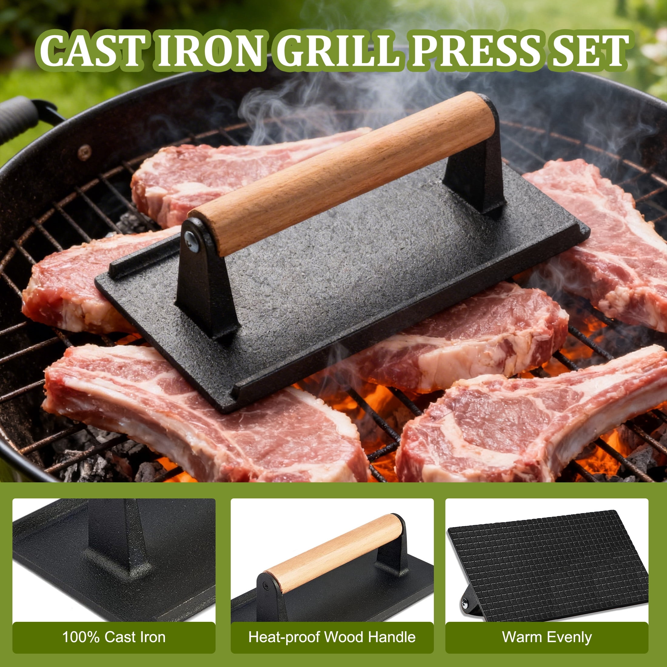 Burger Press Set, 7" Round Smash Burger Press & 8"x4" Rectangle Cast Iron Grill Press with Wooden Handle, Meat Weight Press for Griddle, Sandwiches, Panini, Nonstick Pan