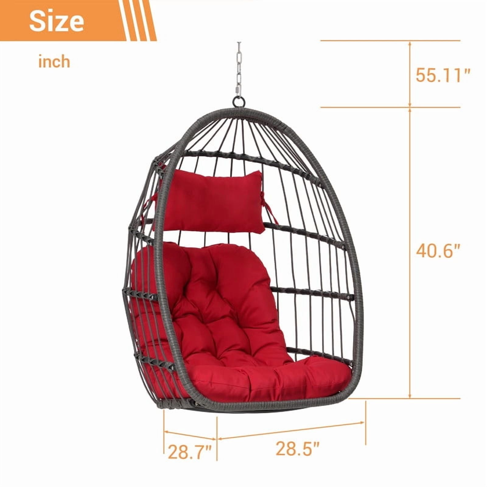 Hanging Egg Chair Without Stand, Indoor Outdoor Wicker Rattan Swing Egg Chair with Hanging Chain, Hammock Chair with UV Resistant Cushion