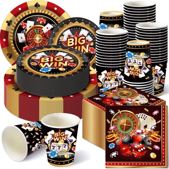 CC HOME Big Win Tableware Set Serves 16-People disposable Dice Poker paper plates cups napkins for Birthday Game theme Festival Party Supplies