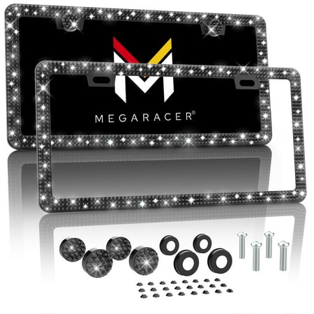 Mega Racer Black Bling License Plate Frame 2 Pack, Crystal Diamond Rhinestone, 2 holes Stainless Steel