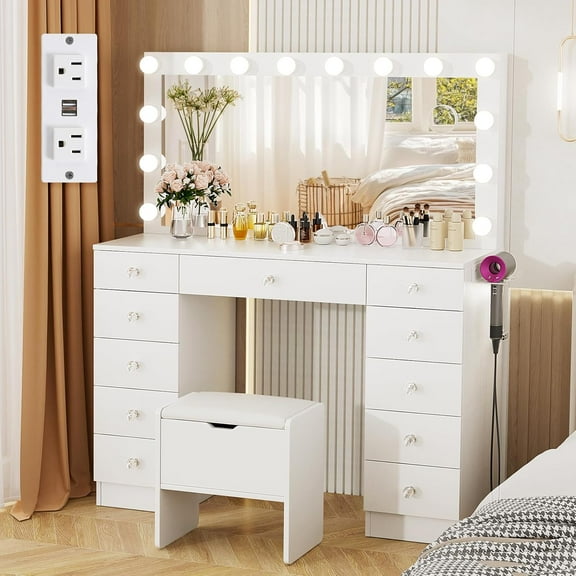 VOWNER Vanity with Lighted Mirror - Makeup Vanity Desk with 11 Drawers and Outlet, 3 Color Lighting Modes Adjustable Brightness, 46" Vanity Table with Soft Cushioned Stool for Bedroom, White